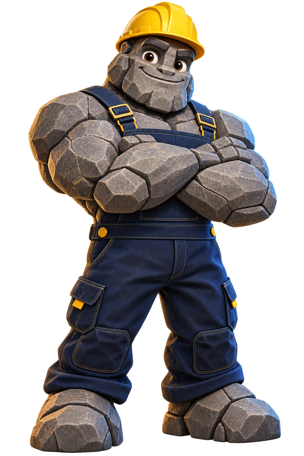 La mascotte RockaBiz, un personnage de pierre avec un casque de chantier